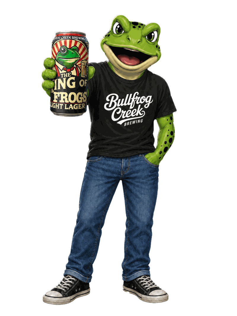 Bullfrog Creek mascot holding a King of Frogs Light Lager