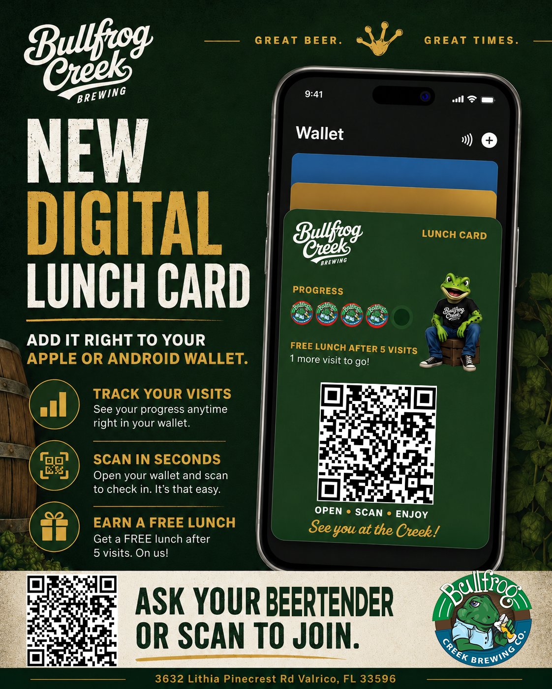 Bullfrog Creek Brewing Digital Lunch Card — add to Apple or Android Wallet, free lunch after 5 visits
