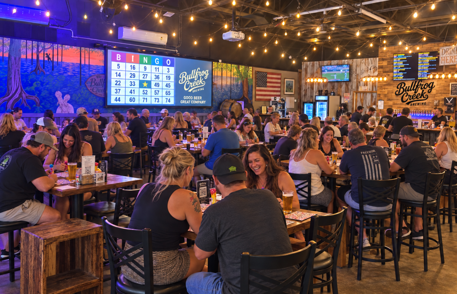 Guests playing bingo at tables inside Bullfrog Creek Brewing's Valrico taproom