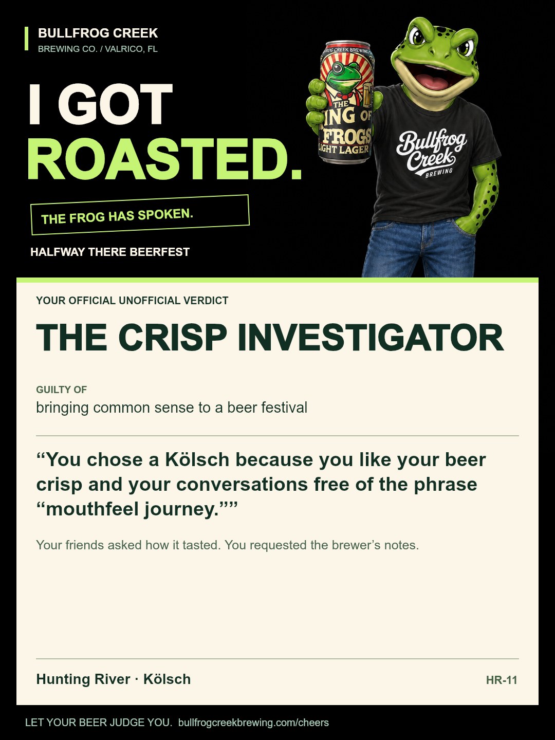 The Crisp Investigator. Guilty of bringing common sense to a beer festival. You chose a Kölsch because you like your beer crisp and your conversations free of the phrase “mouthfeel journey.” Your friends asked how it tasted. You requested the brewer’s notes.