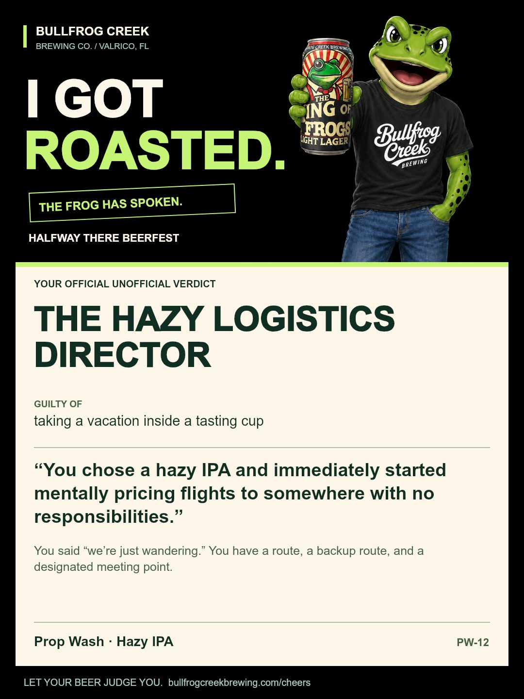 The Hazy Logistics Director. Guilty of taking a vacation inside a tasting cup. You chose a hazy IPA and immediately started mentally pricing flights to somewhere with no responsibilities. You said “we’re just wandering.” You have a route, a backup route, and a designated meeting point.