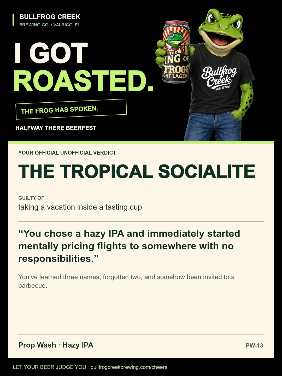 The Tropical Socialite. Guilty of taking a vacation inside a tasting cup. You chose a hazy IPA and immediately started mentally pricing flights to somewhere with no responsibilities. You’ve learned three names, forgotten two, and somehow been invited to a barbecue.