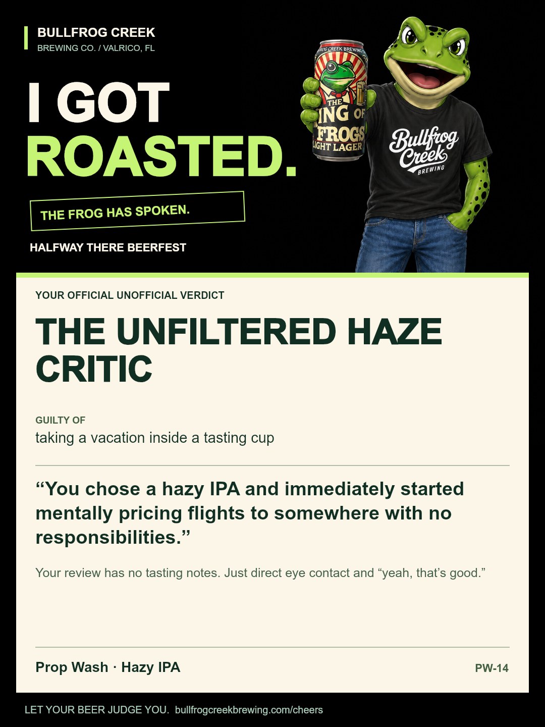 The Unfiltered Haze Critic. Guilty of taking a vacation inside a tasting cup. You chose a hazy IPA and immediately started mentally pricing flights to somewhere with no responsibilities. Your review has no tasting notes. Just direct eye contact and “yeah, that’s good.”