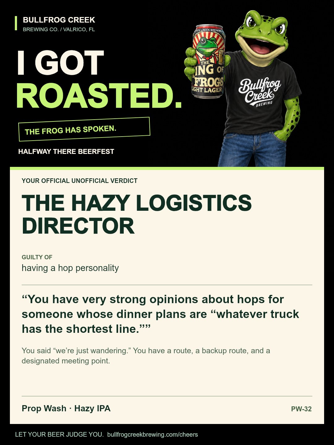 The Hazy Logistics Director. Guilty of having a hop personality. You have very strong opinions about hops for someone whose dinner plans are “whatever truck has the shortest line.” You said “we’re just wandering.” You have a route, a backup route, and a designated meeting point.