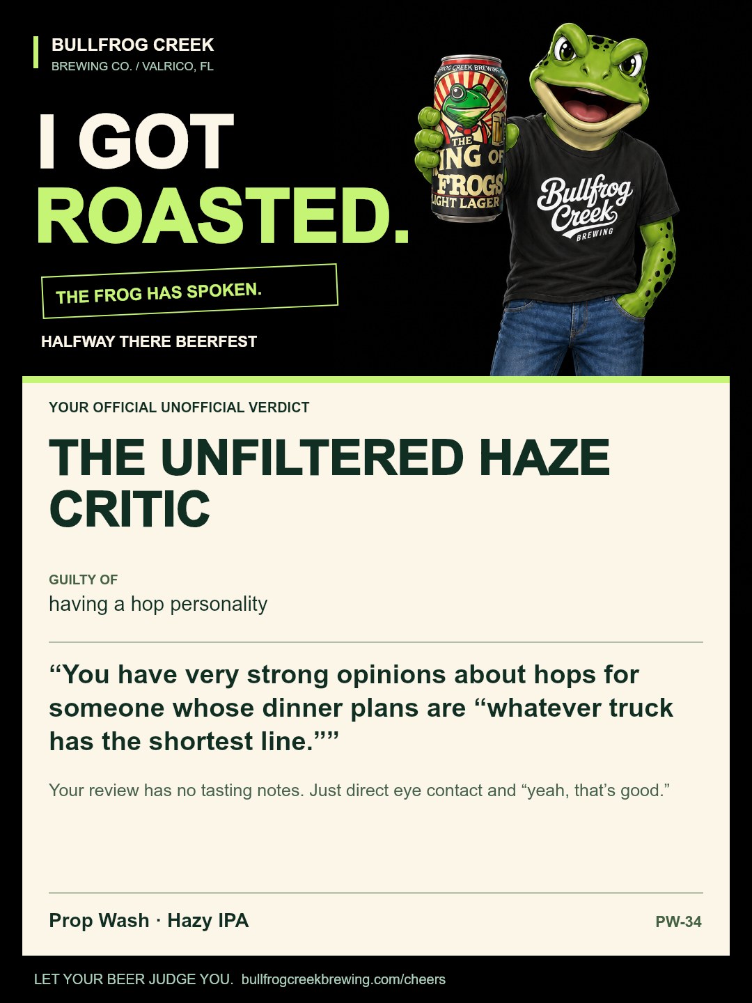 The Unfiltered Haze Critic. Guilty of having a hop personality. You have very strong opinions about hops for someone whose dinner plans are “whatever truck has the shortest line.” Your review has no tasting notes. Just direct eye contact and “yeah, that’s good.”
