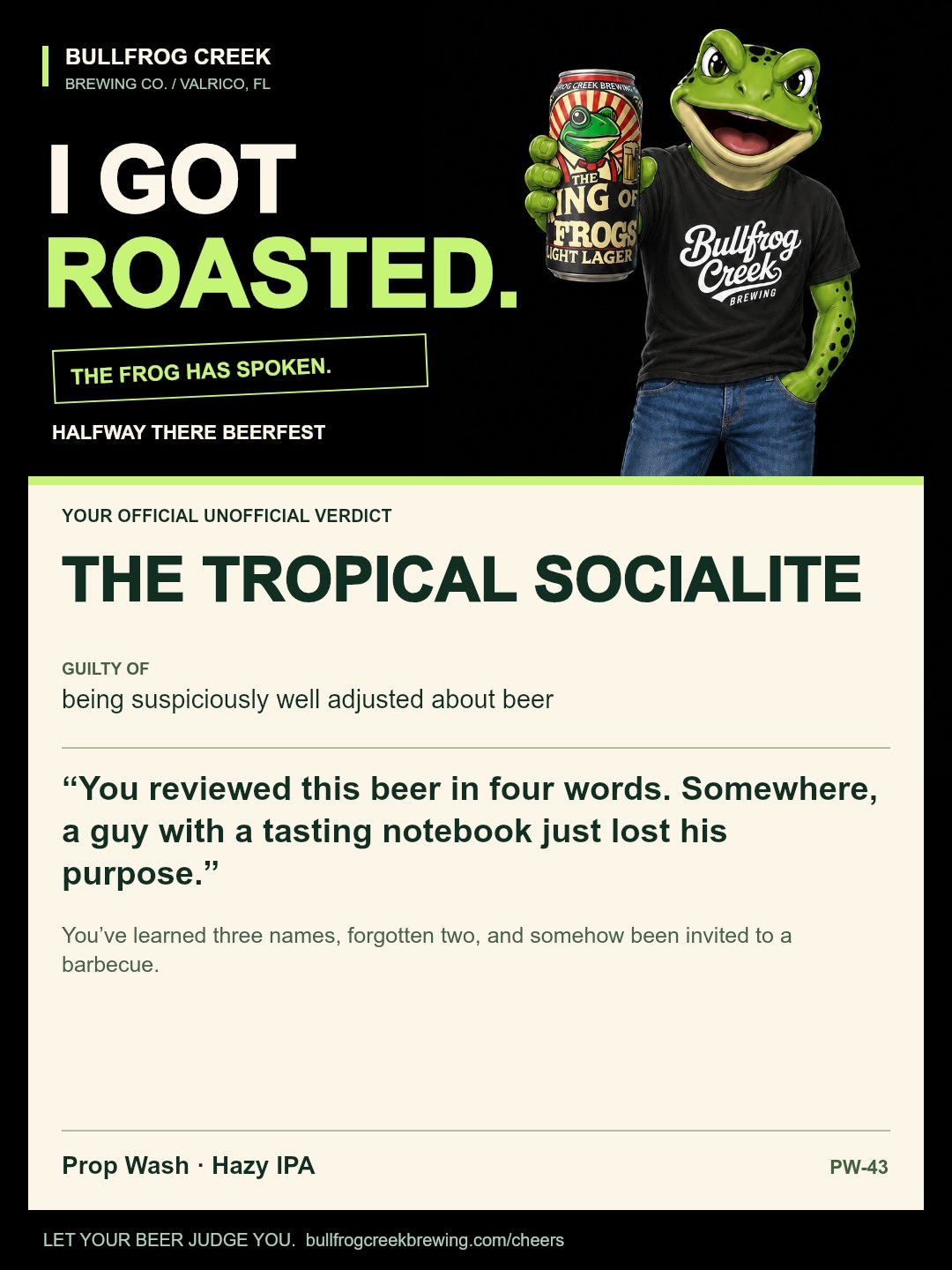 The Tropical Socialite. Guilty of being suspiciously well adjusted about beer. You reviewed this beer in four words. Somewhere, a guy with a tasting notebook just lost his purpose. You’ve learned three names, forgotten two, and somehow been invited to a barbecue.