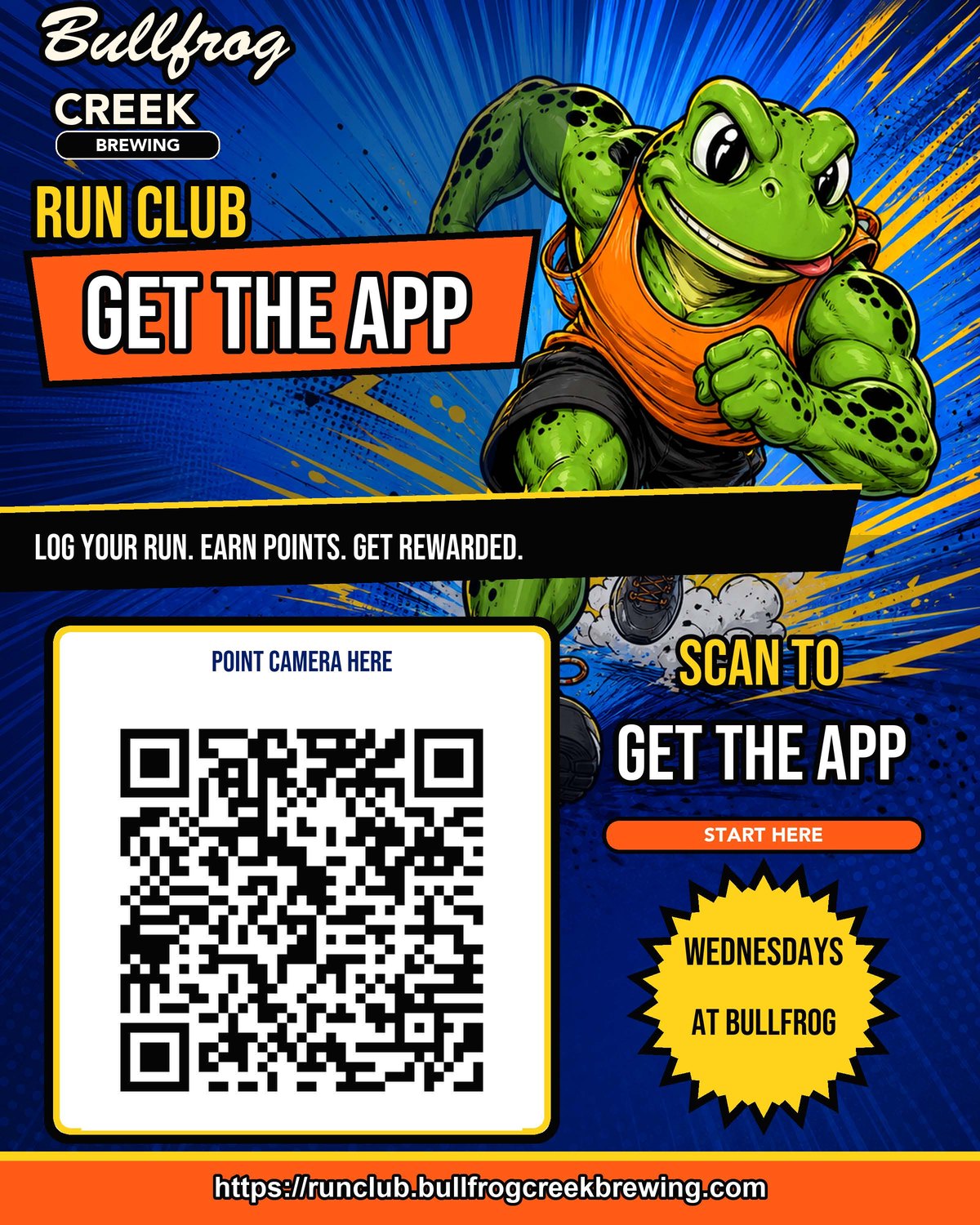 Bullfrog Run Club: get the app. Log your run, earn points, get rewarded. Scan to start at runclub.bullfrogcreekbrewing.com