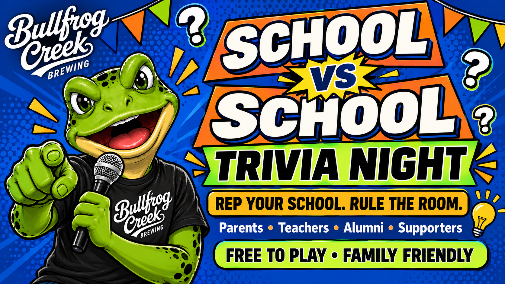 School vs School Trivia Night at Bullfrog Creek Brewing. Parents, teachers, alumni and supporters welcome.